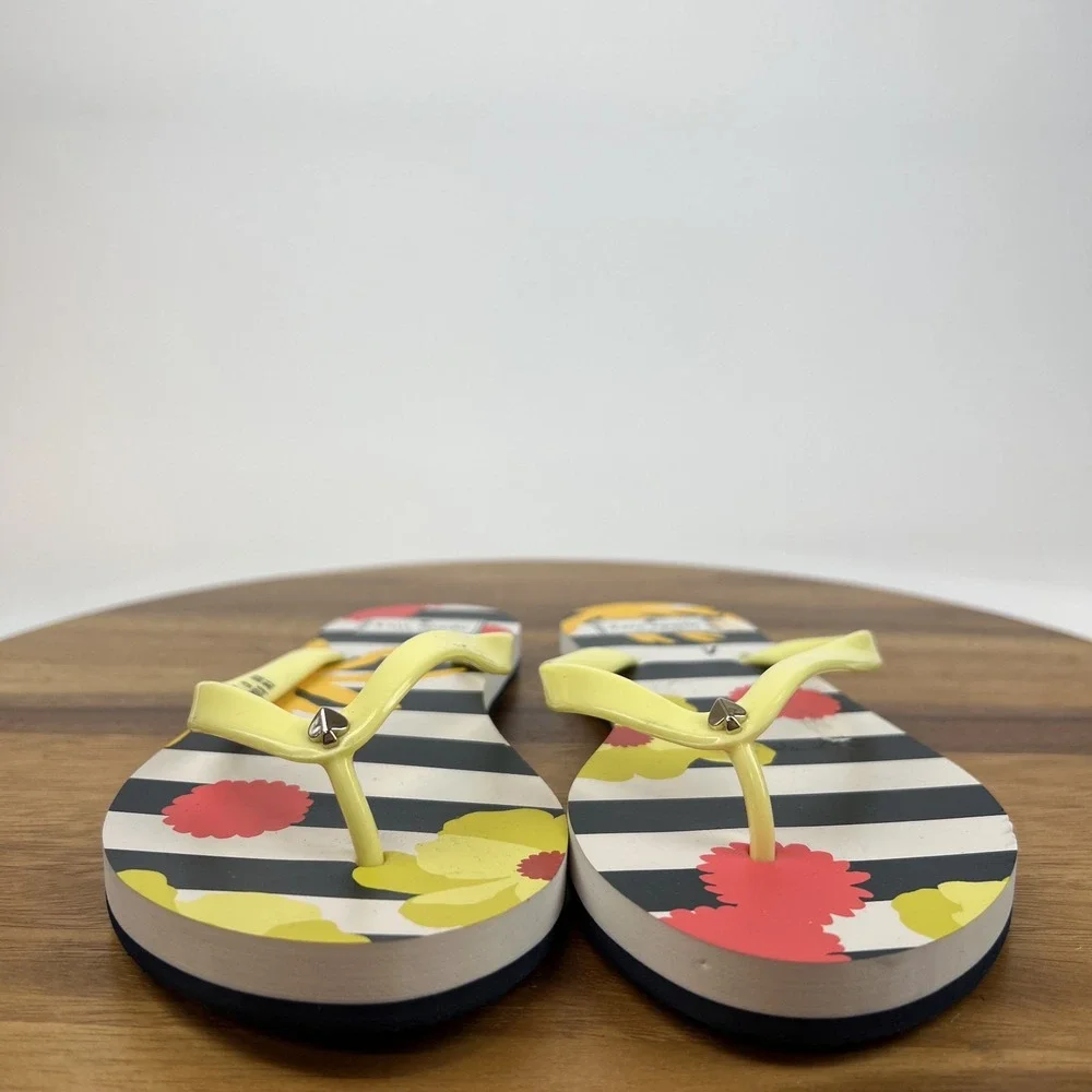 New Womens Kate Spade Black White Striped Flowers Thong Flip Flops Sandals‎ Sz 8